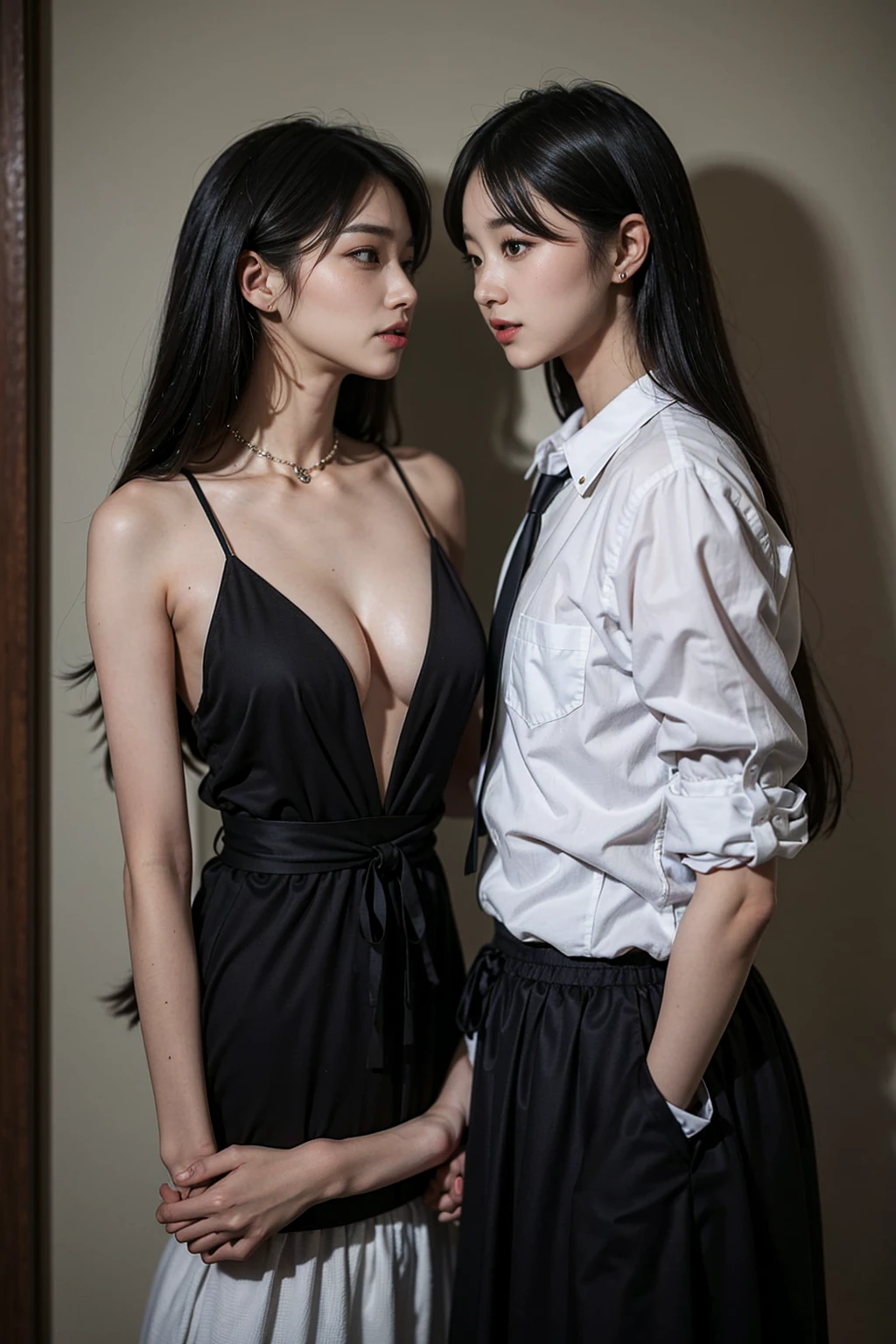 they are two people standing next to each other in a room, couple pose, open v chest clothes, & jeehyung lee & wlop, with black, couple, lovely couple, attractive pose, korean artist, attractive photo, chest up bust shot, south korean male, elegant seducing pose, korean, tall and slim, 165 cm tall