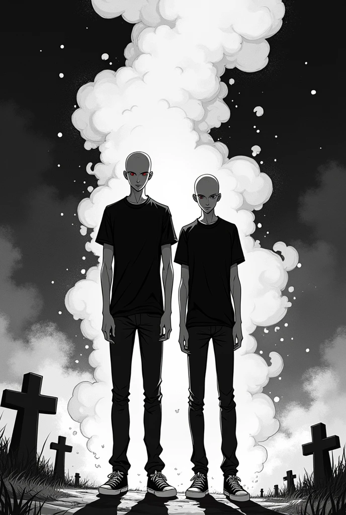 of the highest quality, best quality, 超A high resolution, high resolution, (masterpiece), (Brazilian Manhwa style illustration), (linear art_Anime), (black and white: 1.0), (monotone_highcontrast), mysterious cemetery, enigmatic figure, 2 young man, tall and thin, shaved head, intense red eyes, wearing black from head to toe, pants, short-sleeved shirt, sneakers, dark atmosphere, transformation into smoke, dispersing in the wind, complex background, additional details: 0.6