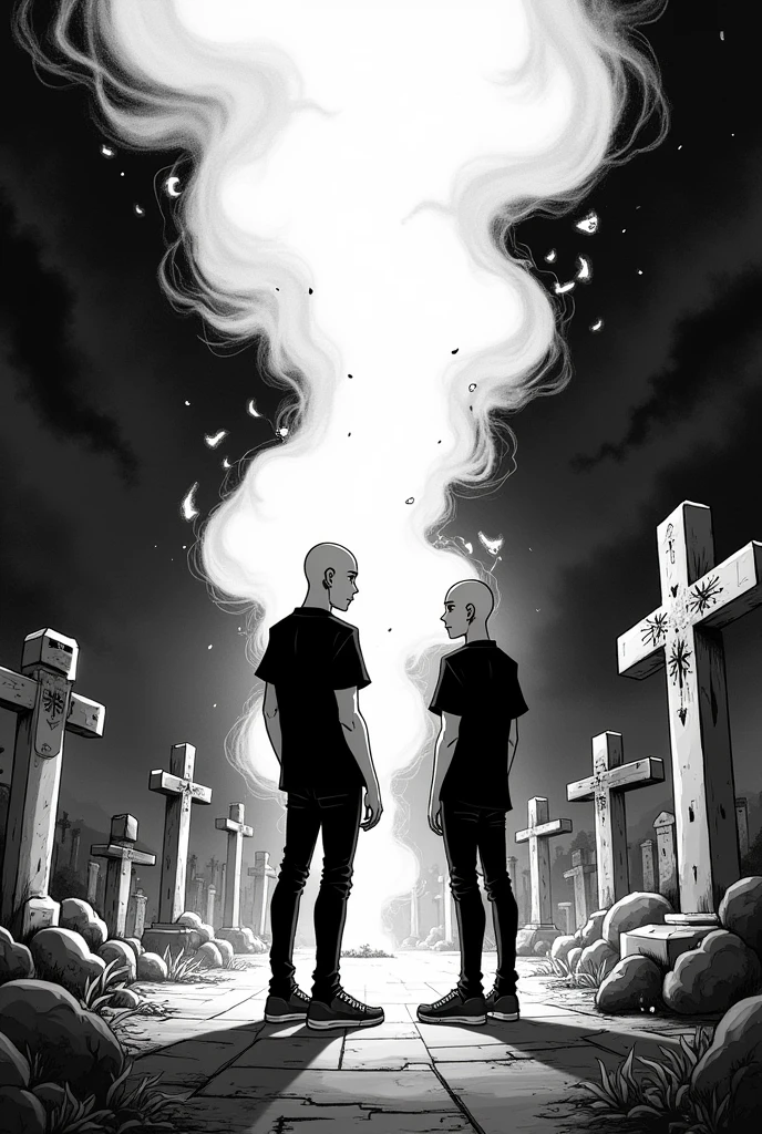 of the highest quality, best quality, 超A high resolution, high resolution, (masterpiece), (Brazilian Manhwa style illustration), (linear art_Anime), (black and white: 1.0), (monotone_highcontrast), mysterious cemetery, enigmatic figure, 2 young man, tall and thin, shaved head, intense red eyes, wearing black from head to toe, pants, short-sleeved shirt, sneakers, dark atmosphere, transformation into smoke, dispersing in the wind, complex background, additional details: 0.6
