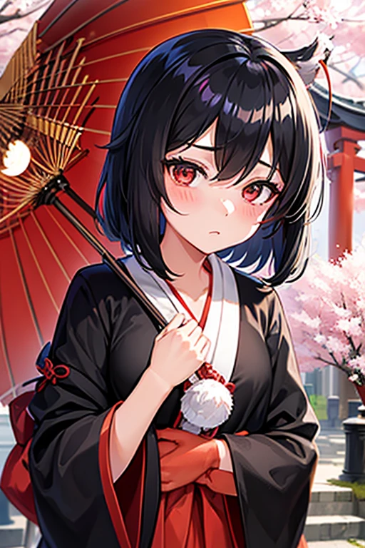 Girl, black hair, shrine maiden, bob hair, expressionless, night, Fushimi Inari, cherry blossoms, mystery