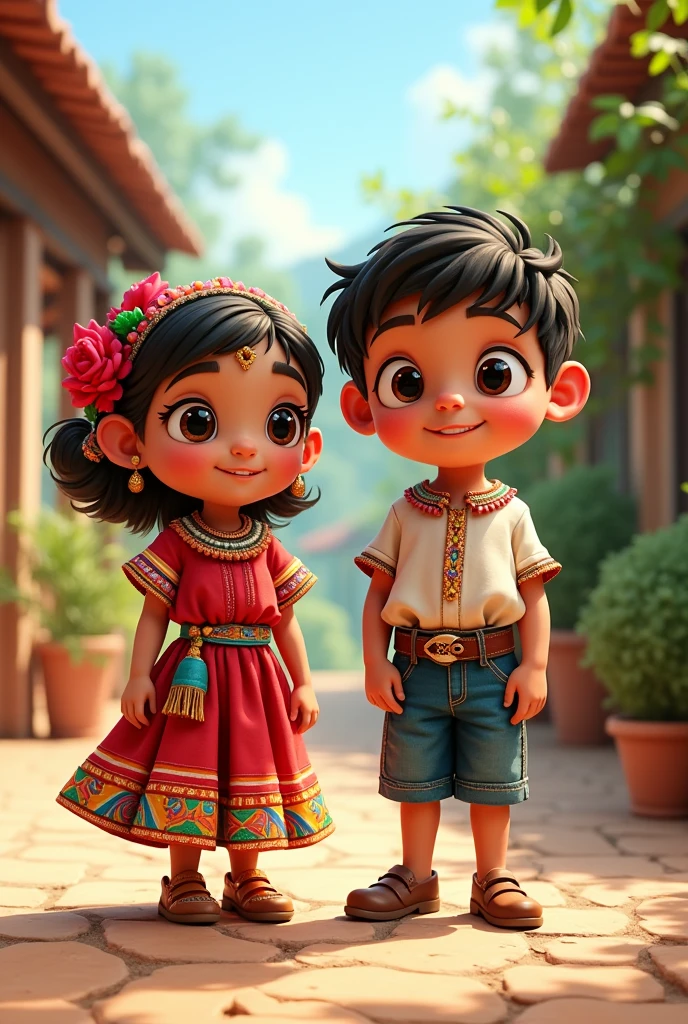 Two full-body cartoon children dressed in traditional Guatemalan costume.