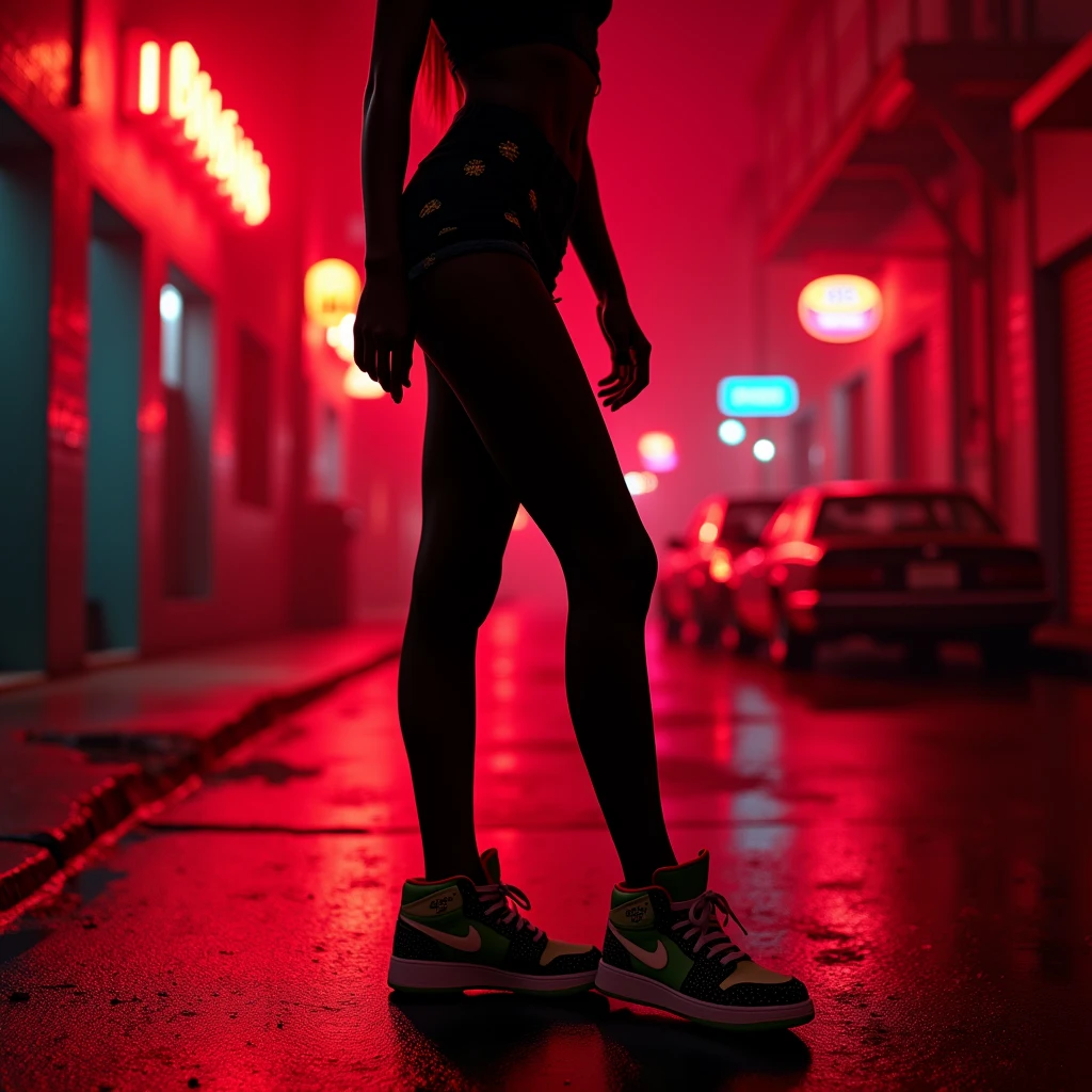 Black shadow of a woman sitting showing her hip hop shoes, Vice City GTA, red street background
