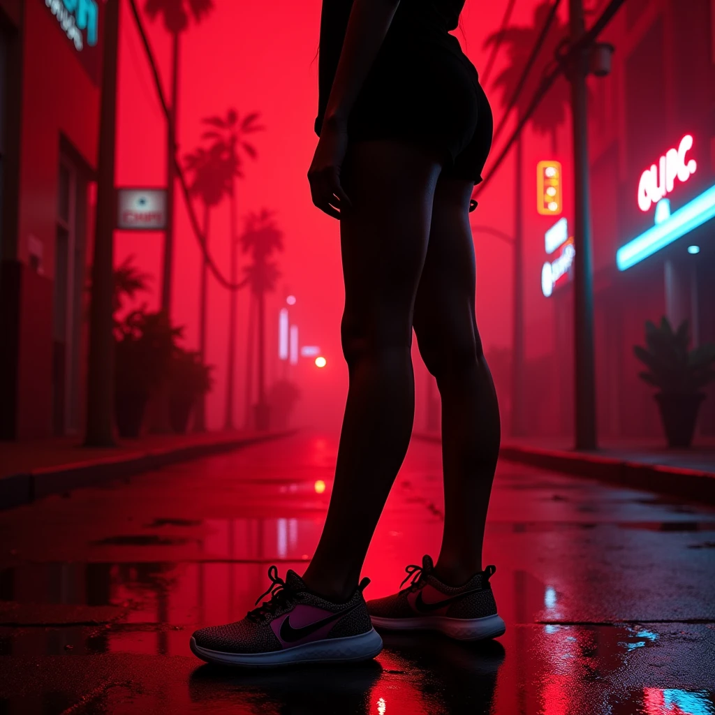 Black shadow of a woman sitting showing her hip hop shoes, Vice City GTA, red street background