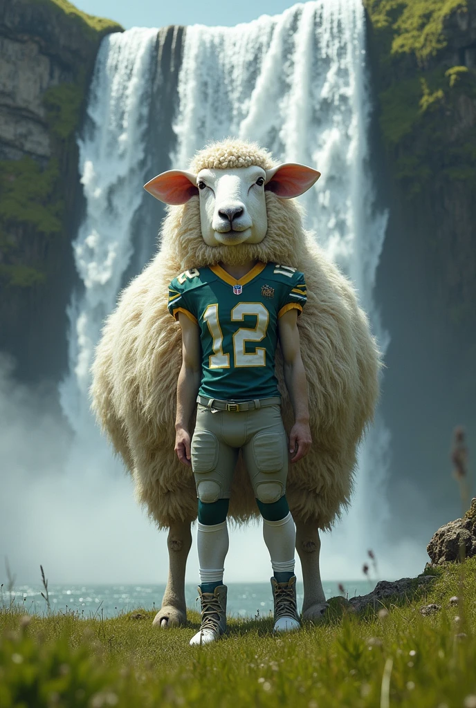 Giant sheep dressed as a football player with a real waterfall behind him, just like in real life