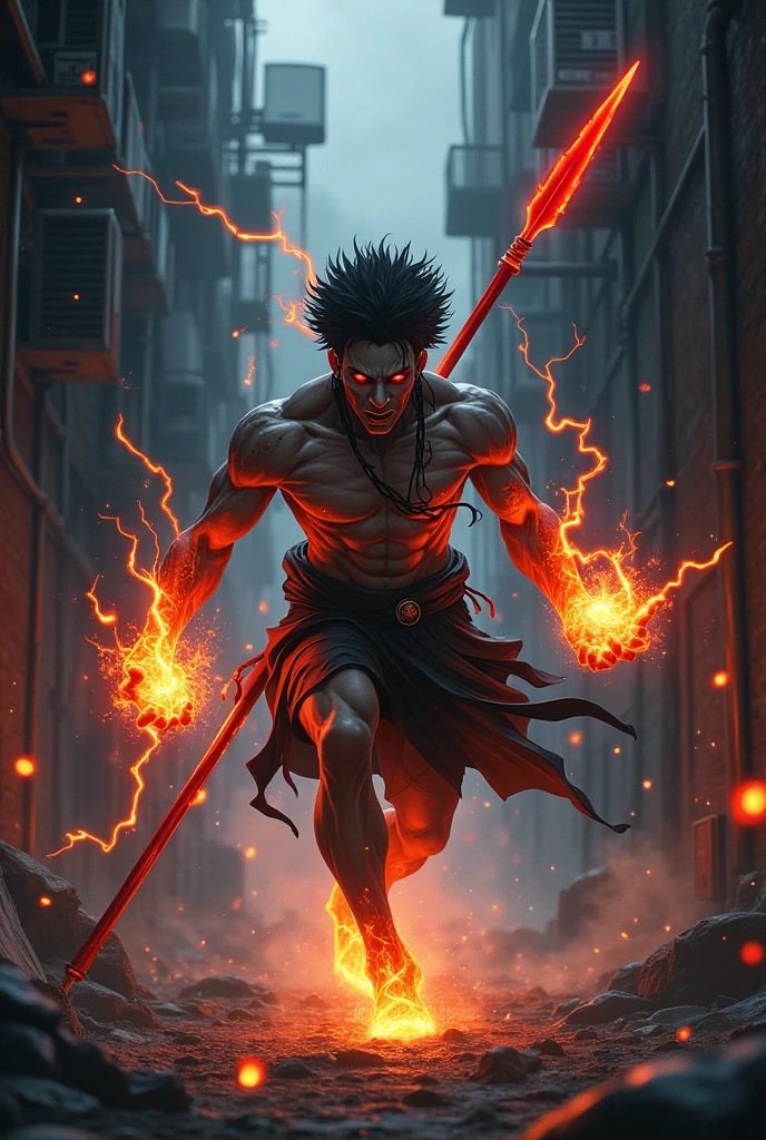  I want to create a fire mage that ressemble my hero academia Dabi. he should use black flames with lightning. make him ti shoot fireball at a wall.
make him to be running with a red spear at his back
