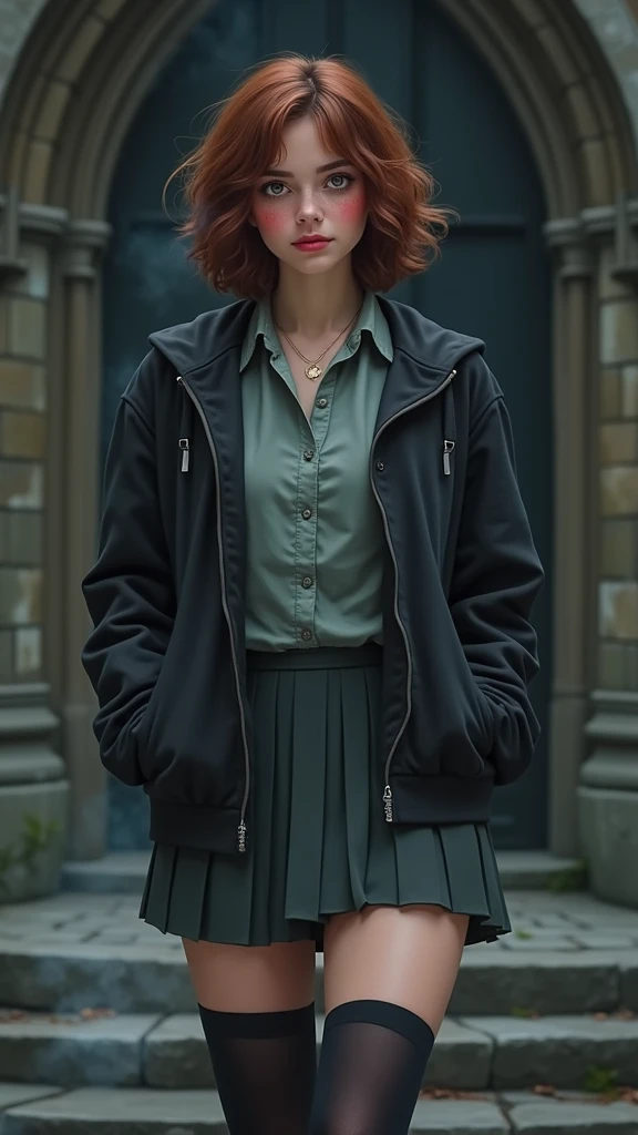 (rear view, backside view),An illustrated movie poster, hand-drawn, full color, a teenage Hogwarts student, 18-years-old, female, wearing a charcoal vest and a pleated skirt, athletic hourglass figure, full wide hips, massive round butt, long shapely legs, ridiculously thick powerful thighs, vibrant eyes, deep dark auburn hair, thick shaggy bangs, flushed sun-kissed complexion, freckles, resembles Genevieve O'Reilly, standing in a foggy Hogwarts courtyard, surrounded by mist, graphite shading, stencil marks, airbrushed acrylic paint, masterpiece, close-up shot, in the style of the Deathly Hallows, high quality, (RAW photo, best quality), (realistic, photorealistic: 1.4), (extremely delicate and beautiful: 1.4), amazing, fine details, masterpiece, ultra detailed, high resolution, best illustration, best shadow, intricate, ( extremely intricate: 1.2), (exquisitely detailed skin), cinematic light, perfect anatomy, (cool color: 1.4), sharp focus, 8k UHD, DSLR, (Fujifilm XT3),(iluminación cinematográfica :1.4), ((skirt tug, wind lift)), (skirt tug, wind lift:1.4), (pink panties), (skirt lifted by itself: 1.1), (skirt lift: 1.3), (showing white panties: 1.3), (skirt lifted by itself: 1.4 ), (skirt lift: 1.4 ), (showing white panties: 1.4 ), (nsfw:1.4 ),(nsfw V2.1), score_9, score_8_up, score_7_up, score_6_up, rating_explicit, 1girl, ((18YO:1.2)), Adult, full lips,(tiene un hermoso culo :1.4)
