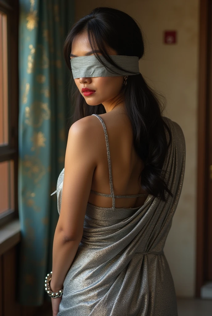 Kamisato ayaka blindfolded duct tape gagged in silver sparkling saree and handcuffed tied behind the back and tape gagged backside view handcuffed 