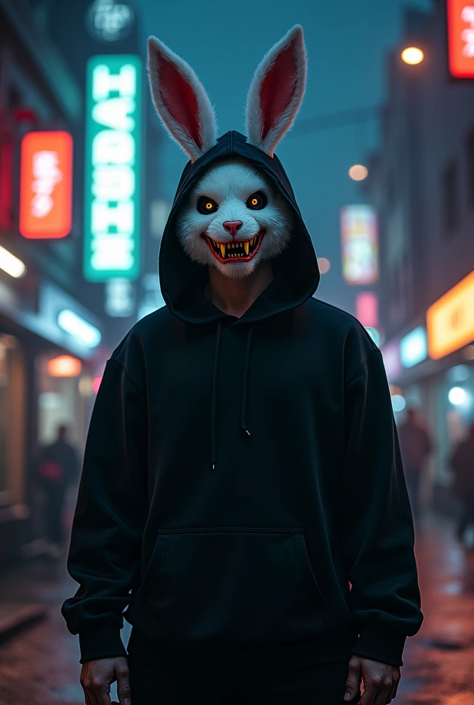 lizoldBS_soul3142,1 male, furry White bloody rabbit mask with creepy smile and yellow bloody teeth , completely Black hoodie, standing in the city street at night, neon lights in the background, steampunk, dystopia, ethereal, detailed, masterpiece, best quality, dramatic lighting, full body