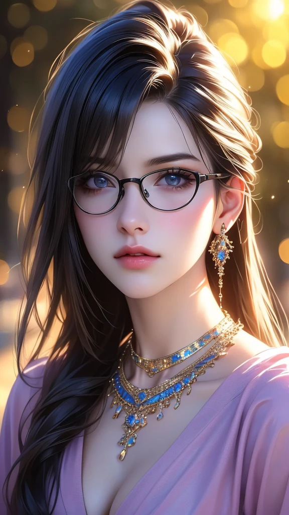 1girl, detailed realistic portrait, beautiful detailed eyes, beautiful detailed lips, extremely detailed face, longeyelashes, jewelry, glasses, choker, necklace, earrings, black choker, black-framed eyewear, breasts, cleavage, looking at viewer, bangs, long hair, solo, (best quality,4k,8k,highres,masterpiece:1.2),ultra-detailed,(realistic,photorealistic,photo-realistic:1.37),HDR,UHD,studio lighting,ultra-fine painting,sharp focus,professionally shot,vivid colors,bokeh