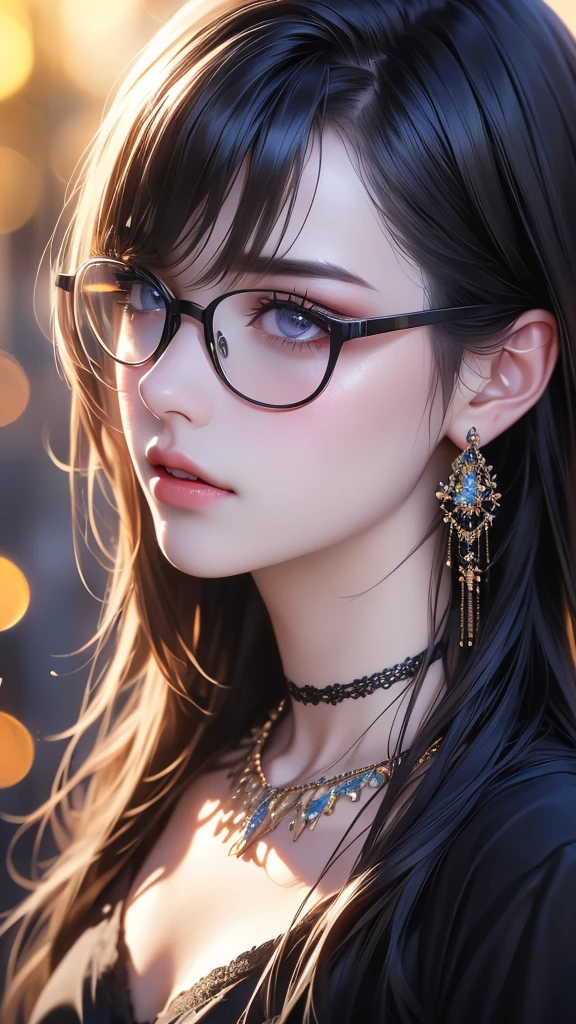 1girl, detailed realistic portrait, beautiful detailed eyes, beautiful detailed lips, extremely detailed face, longeyelashes, jewelry, glasses, choker, necklace, earrings, black choker, black-framed eyewear, breasts, cleavage, looking at viewer, bangs, long hair, solo, (best quality,4k,8k,highres,masterpiece:1.2),ultra-detailed,(realistic,photorealistic,photo-realistic:1.37),HDR,UHD,studio lighting,ultra-fine painting,sharp focus,professionally shot,vivid colors,bokeh