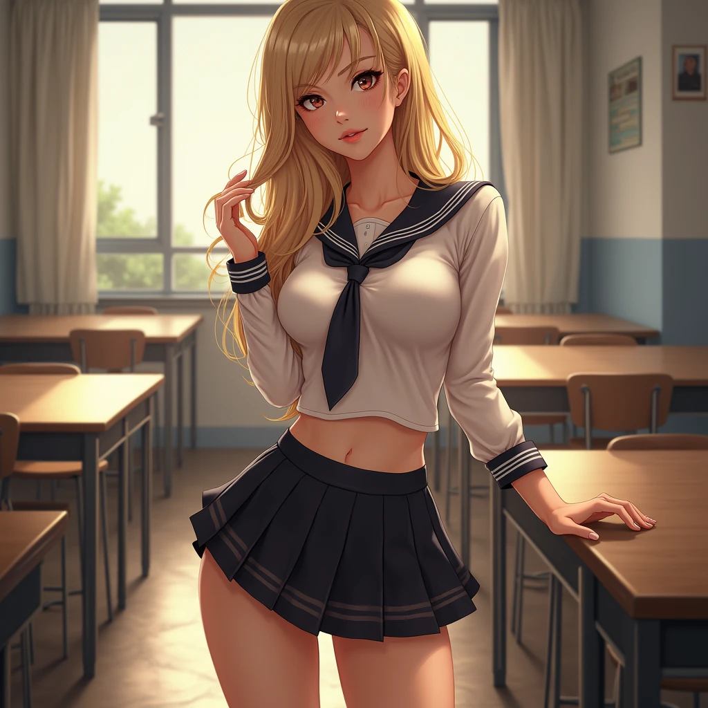 a beautiful blonde schoolgirl in a sexy pose, large breasts, school, natural daylight, (best quality,4k,8k,highres,masterpiece:1.2),ultra-detailed,(realistic,photorealistic,photo-realistic:1.37),intricate school uniform,perfect figure, sensual expression, sunlight filtering through windows,school interior background,warm color tones