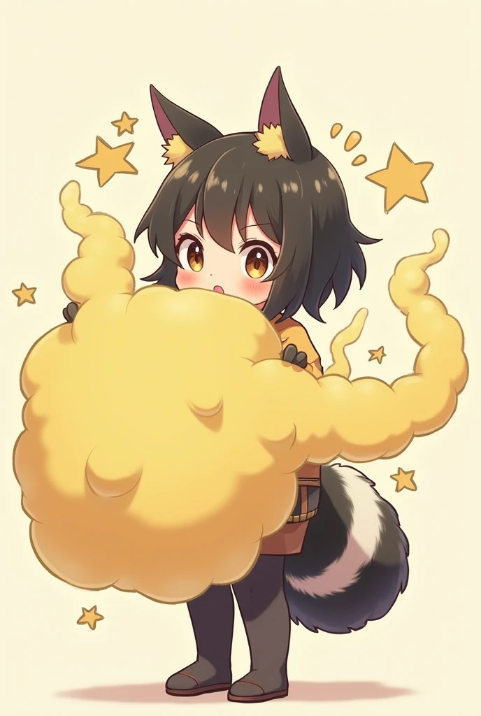 1 Human Girl、anime、animeチック、Skunk Ears、Skunk's Tail、child、Spraying a lot of yellow mist from her butt、Embarrassing、Fart、solo、Turn your back、