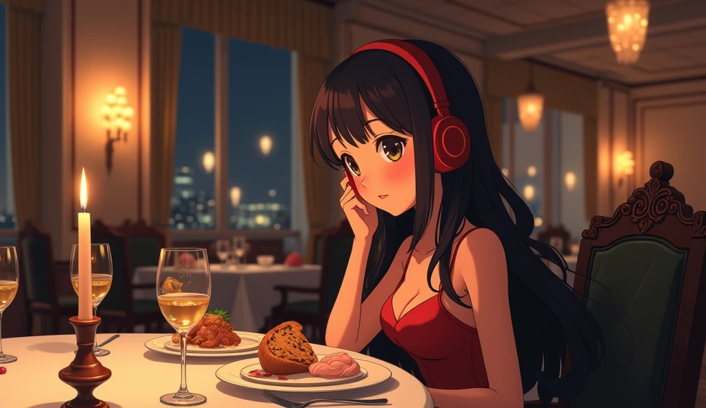 Perfect image, 8k, night、Dinner in a fancy restaurant、Female college student、 Using headphones、 2D-style animation, Lo-Fi、Retro、Anime style illustrations、Anime Style