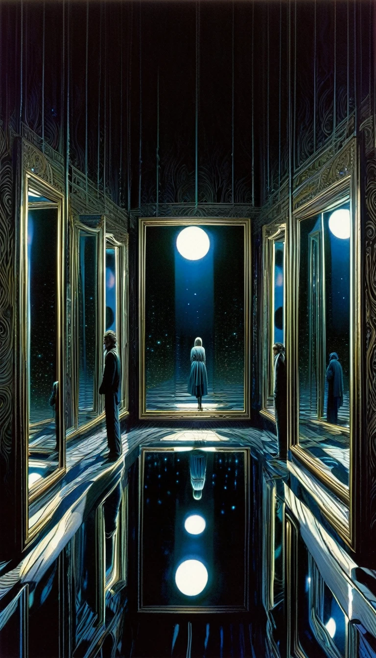 scenery, (no humans:1.5), (infinity mirror:1.5), (facing mirrors:1.5), opposite mirror, mirror in mirror, countless mirror, indoors, dark, horror (theme), (masterpiece), (best quality), (ultra-detailed), (hires), (illustration), art inspired by Bill Sienkiewicz and Dave McKean