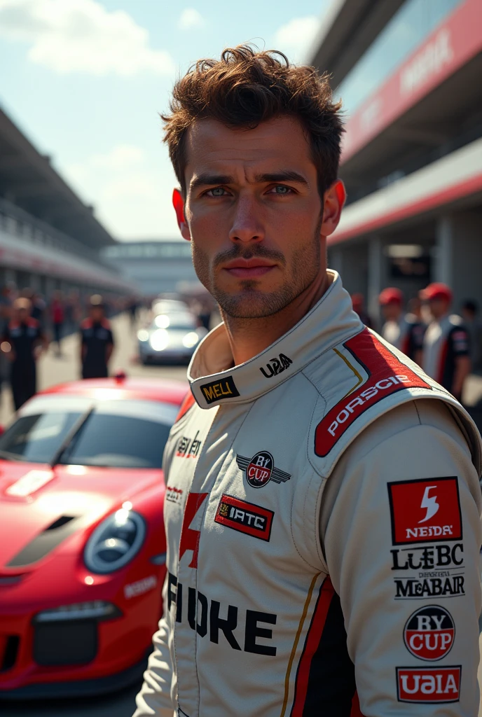 (Photorealism:1.2), Porsche Cup male driver with brown hair and eyes in front of the pitlane 8k ultra realistic 