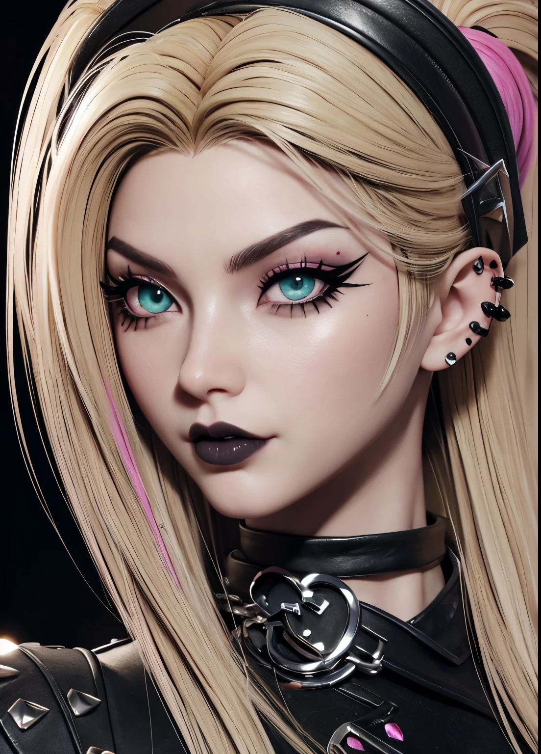 Imvu woman has long blonde hair with pink streaks, she wears a gothic punk outfit but no hat and looks very sexy, she has green eyes and looks very lasciviously into the camera, she has a nose piercing and 2 lip piercings. masterpiece,close up shot,imvu,4K,ultraHD,HD,very detailed,best picture