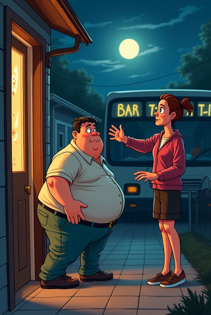 Funny chubby driver arriving home drunk and smelly and dragged with a bus that crashed in the middle of the night and his wife yelling at him