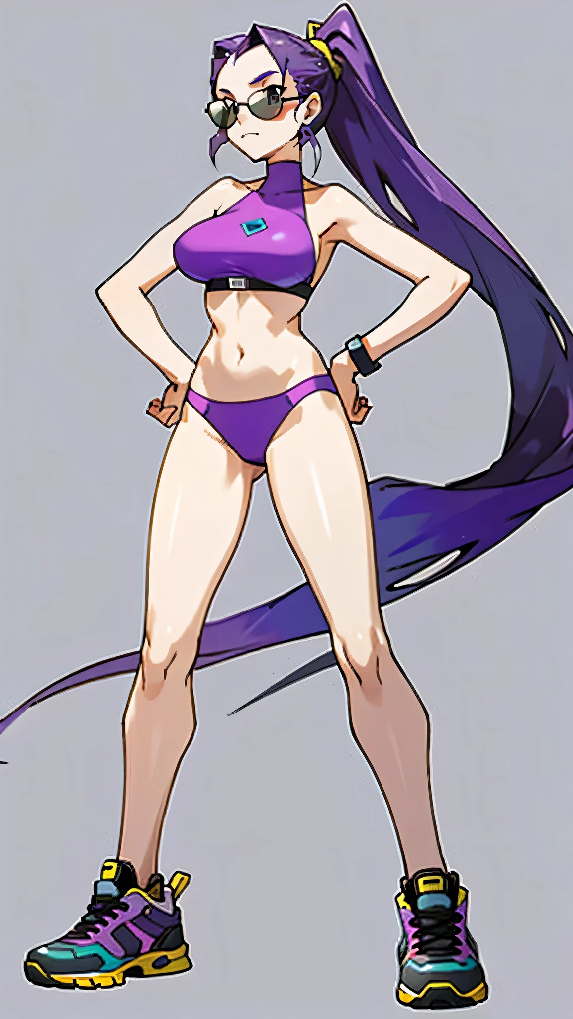 Masterpiece, best quality, Masterpiece, best quality, 1 woman, long ponytail hair, purple hair , sly face , sunglasses , purple bikini , abdomen, big breasts , Long legs , Put your hands on your hips.. , sneakers shoes , low angle shot