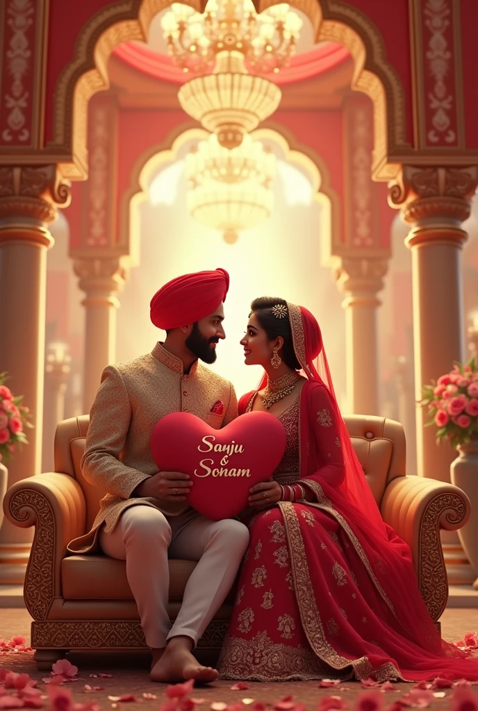 Punjabi Married couples sitting on couple chair in marriage hall with giving heart peellow in that full name of 'संजू' and '
सोनम' 