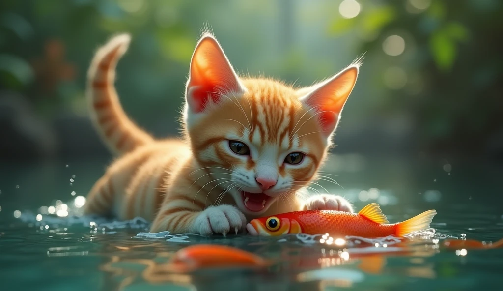 (photorealism:1.2), a lone cat joyfull with fish