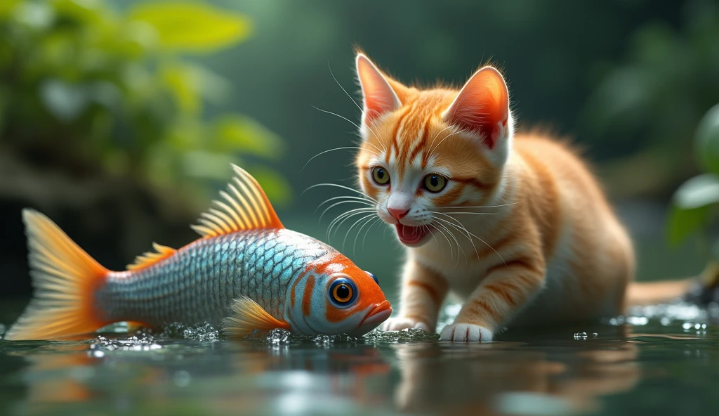 (photorealism:1.2), a lone cat joyfull with fish