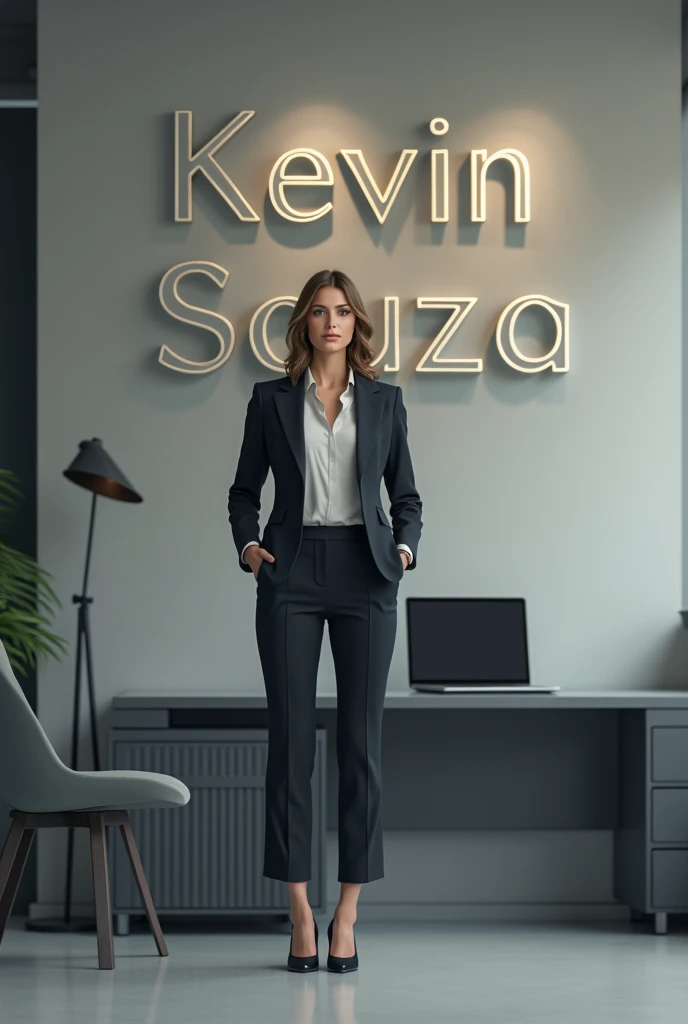 Businesswoman inside a company with my name written on the wall in the background "Kevin Souza" in high relief 