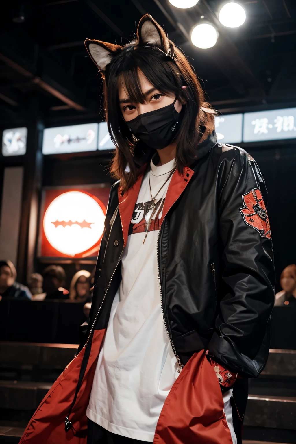 Kitsune masked 2 singer male, clothes black and red, anime
