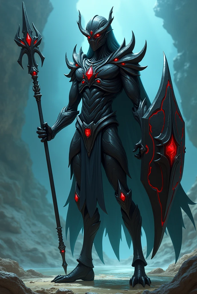 warrior with spear, humanoid appearance, shield, Fins on the arms and legs, armor with spikes similar to sea creatures, helmet, yugioh style, black armor and helmet, sea creature, without syrup, thin and not very muscular body, armor over the entire body, the armor must be black, must have red eyes and fins on the arms and fins on the legs, warrior of atlantis