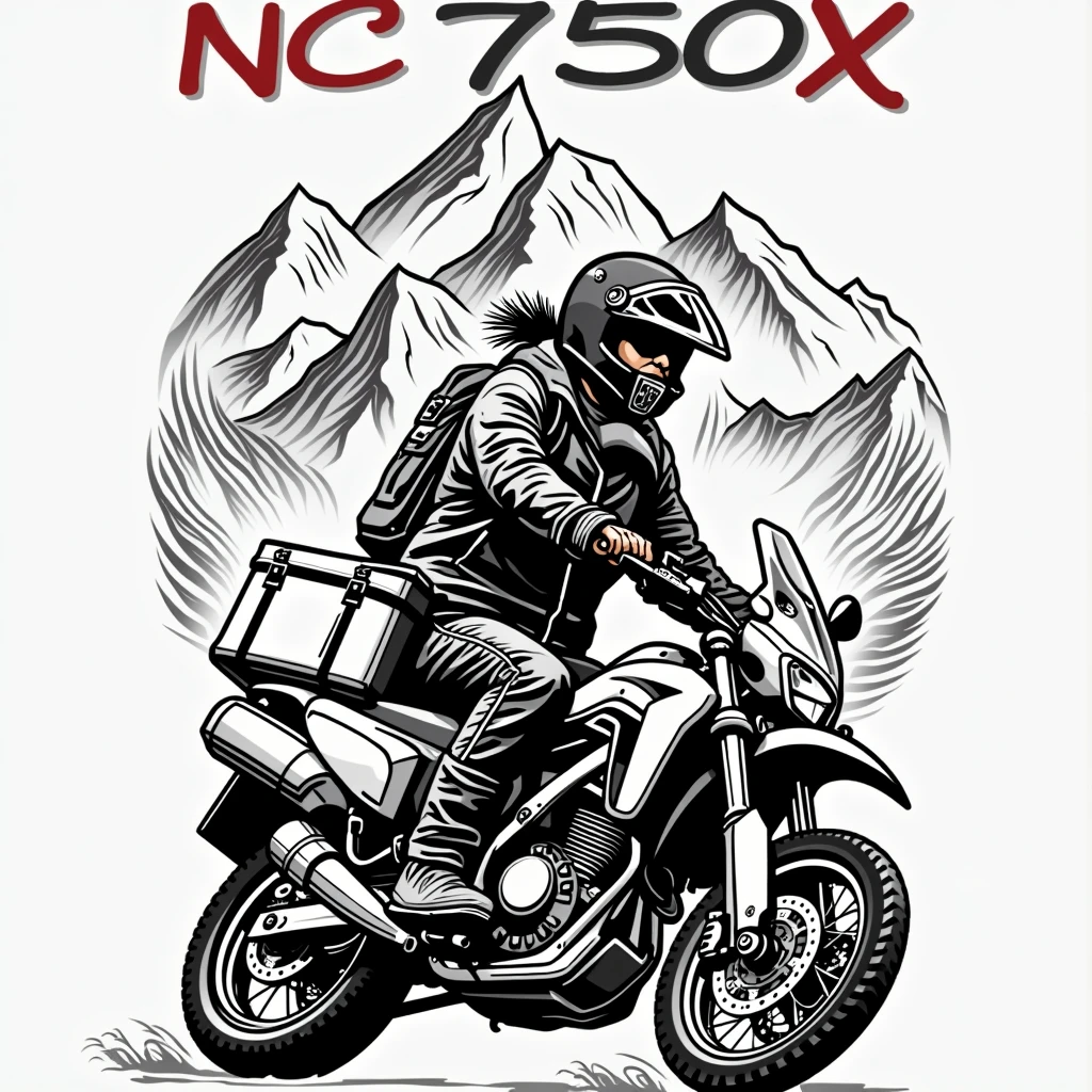 ((Logo circular:1.5)) , ((logo with white border:1.5)), ((honda:1.5)) , ((NC750X text:1.5)), ((NC750X:1.5)), ((trail bike with suitcases:1.5)), ((pirate driving motorcycle)), (((crear un logo with white border de un pirata manejando sobre una honda modelo NC750x))), mountains background
