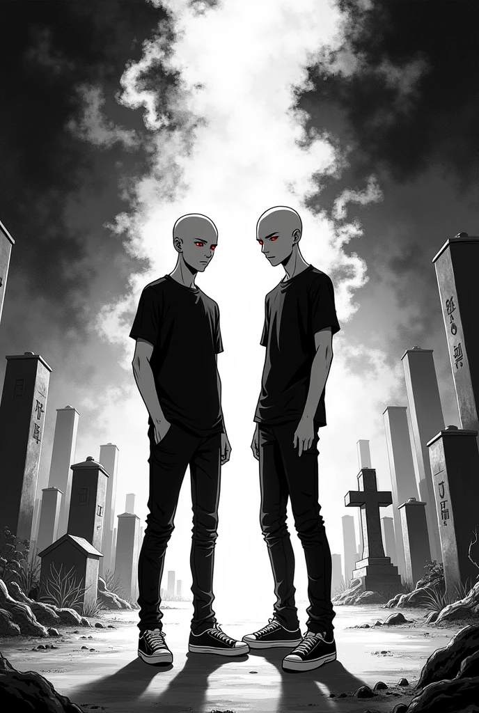 of the highest quality, best quality, 超A high resolution, high resolution, (masterpiece), (Brazilian Manhwa style illustration), (linear art_Anime), (black and white: 1.0), (monotone_highcontrast), mysterious cemetery, enigmatic figure, 2 young man, tall and thin, shaved head, intense red eyes, wearing black from head to toe, pants, short-sleeved shirt, sneakers, dark atmosphere, transformation into smoke, dispersing in the wind, complex background, additional details: 0.6