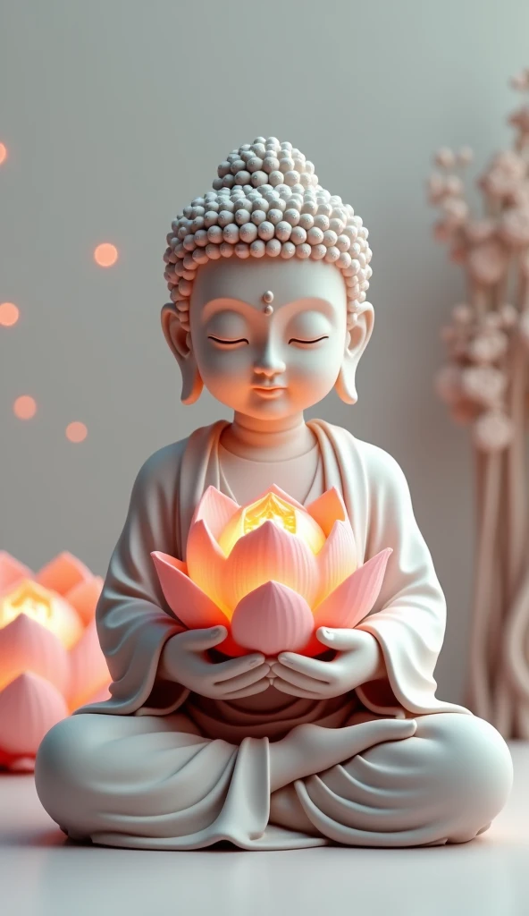 Stylized 3D rendering of Buddha gently holding a lotus flower, symbolizing the rise above negativity and anger."