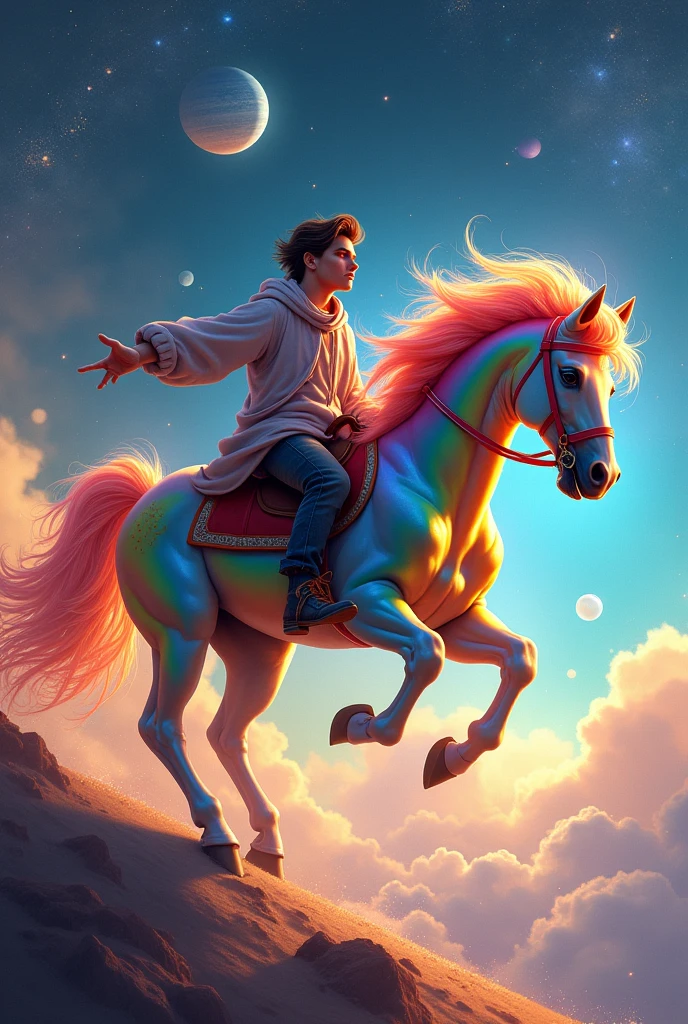 Bastian Velasquez riding a rainbow horse going to another solar system where the homosexual planet is