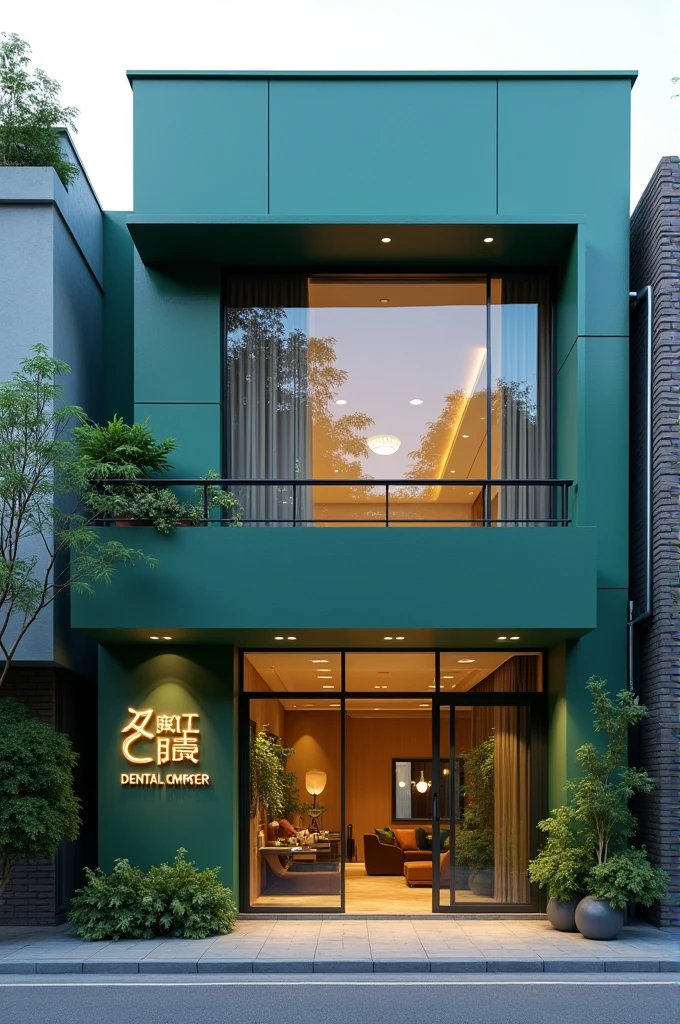 I would like you to act as the best exterior designer for a dental clinic with a wide front with a glass door on one side for the entrance., in emerald green colors, dark blue and lead