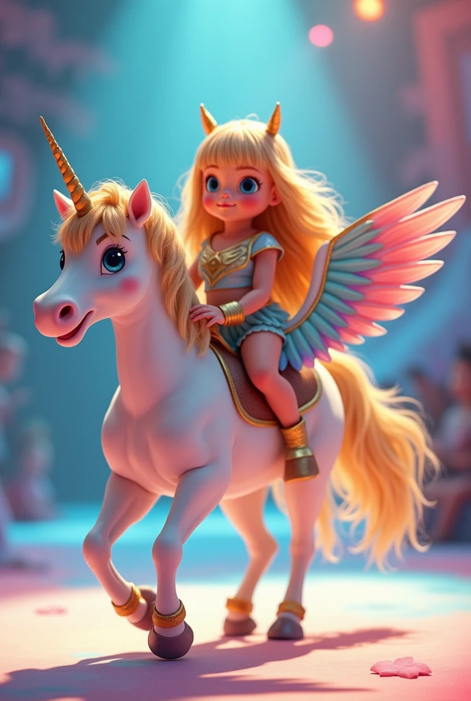 create an adorable scene of a long-haired, blonde baby, dressed in a She Ra costume from the She Ra cartoon, riding her unicorn, the unicorn in white, with a caramel mane, and a caramel tail, with a light-colored horn, the unicorn's wings blue, pink and yellow, on the unicorn's face, pink with blue edges, the unicorn parading on the catwalk, ultra-realistic 4k moving camera