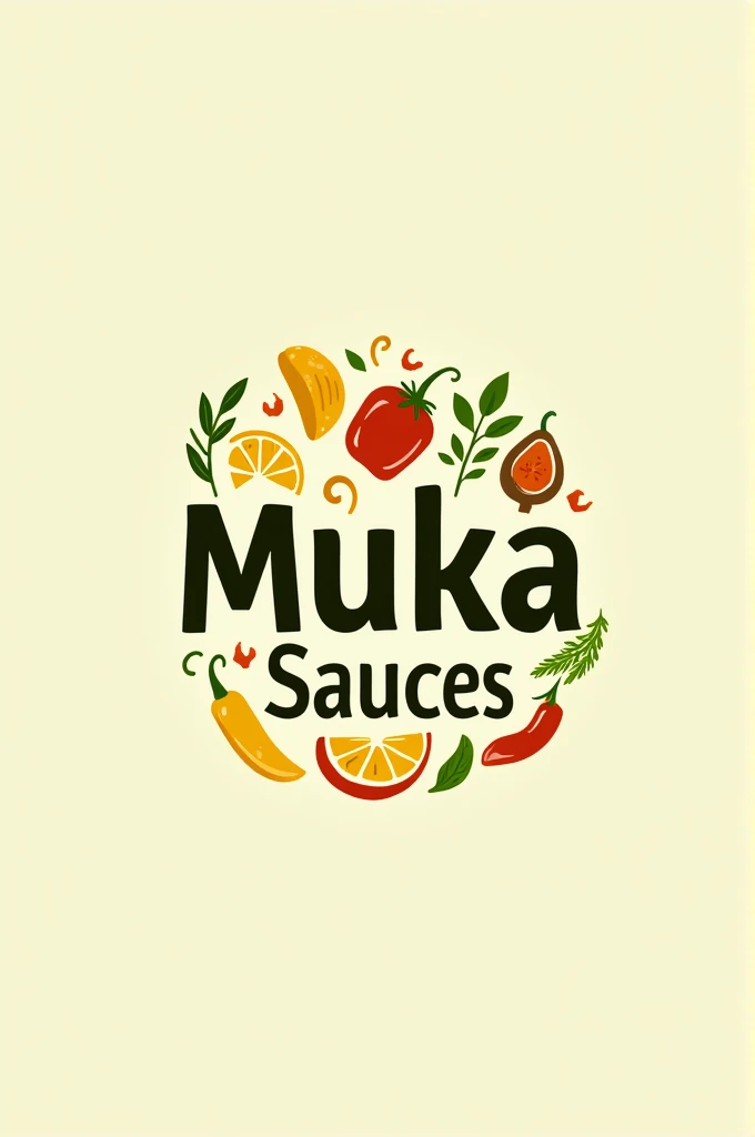 Create a logo for a sauce brand that brings lightness and freshness to the image. The brand must have the following name :
MUKA SAUCES. With some ingredients composing the logo.