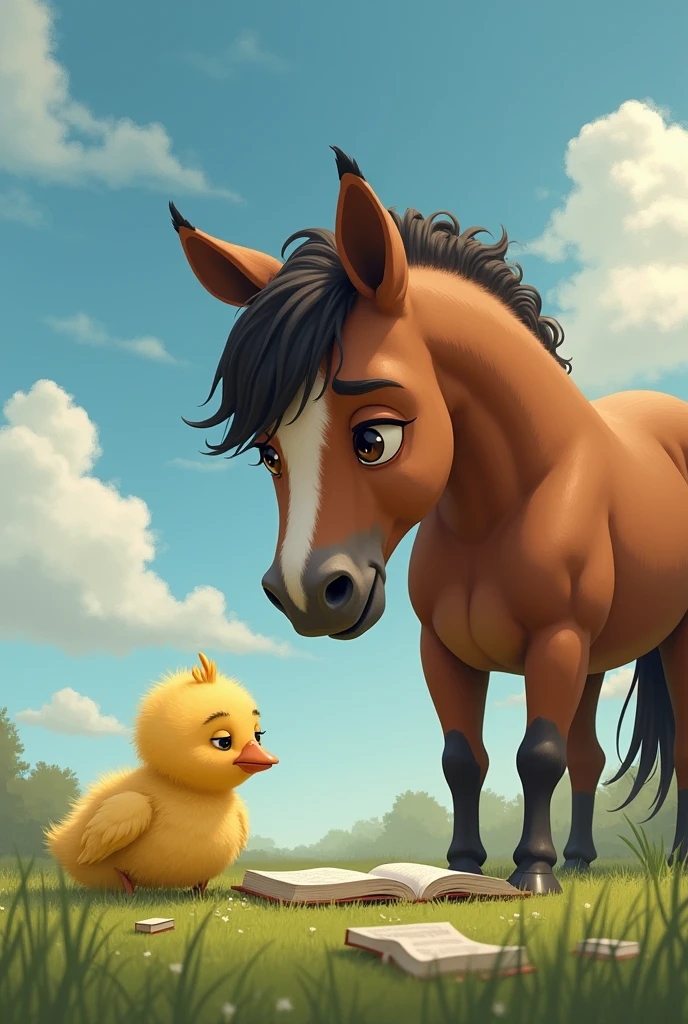 A horse and a chick are sad because they can't read