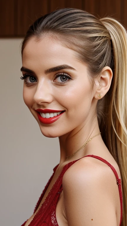Chiara ferragni in sexy cute girl clothes with lipstick, with ponytail and smiles