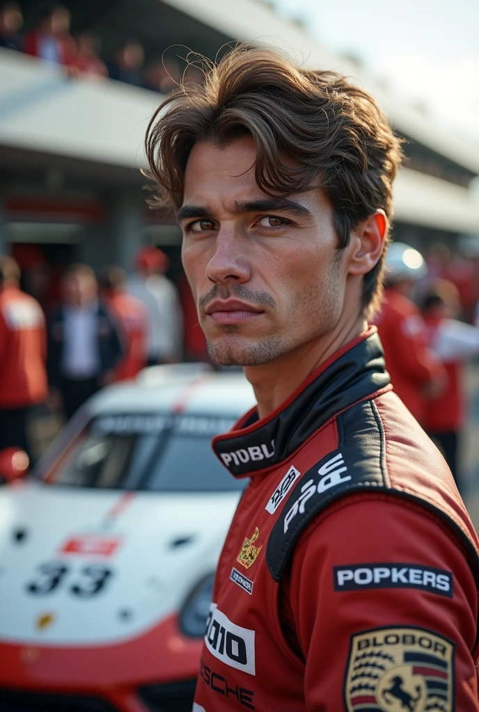 (Photorealism:1.2), Porsche Cup male driver with brown hair and eyes in front of the pitlane 8k ultra realistic 