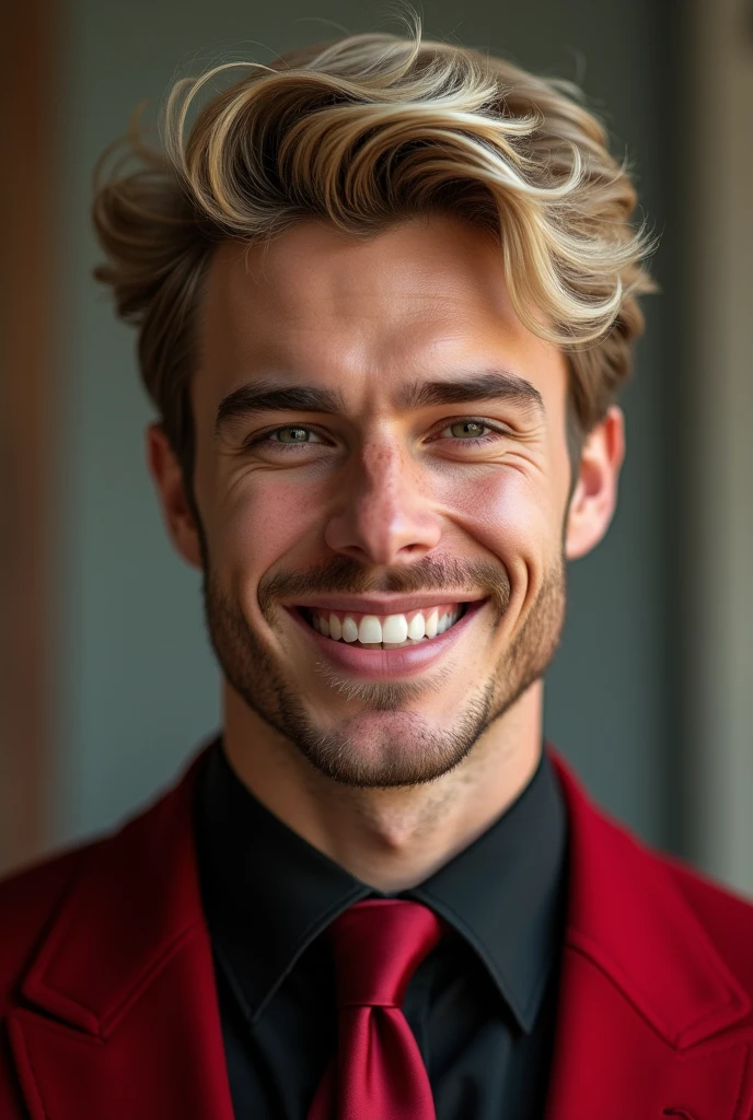 blond man wearing modern red-black suit. wavy short hair. mixed black and blonde. Angelic beauty, man showing smile with top teeth out, asymmetrical face perfect beauty by the Greeks.
