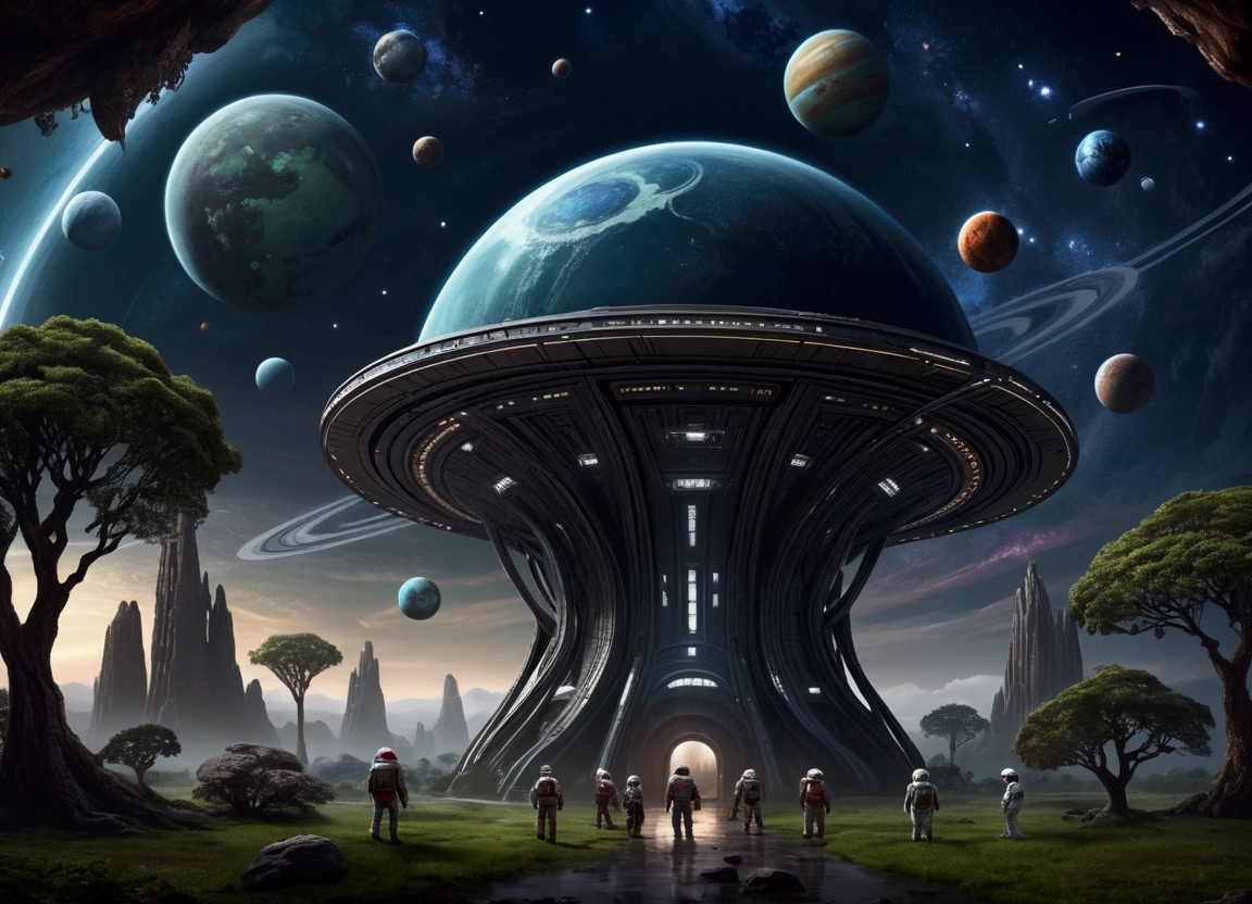 Gloomy sky,Beautiful stars,Six Planets Background,Animals in spacesuits,A gigantic alien-shaped structure,Dungeons,stage,Trees