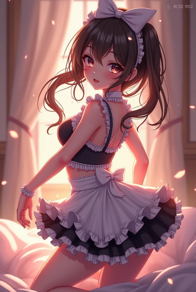 (anime style),masterpiece, best quality, extremely detailed,tanned skin,5yo gal,dark skin Beautiful body,flat breasts,BREAK,multicolored dark Purple hair,little side ponytail,short hair with long locks,BREAK,red eyes,naughty smile,shy,open mouth,eyes widen,smile face,detailed lips,False eyelashes,BREAK,cotton red big ribbon,BREAK, yellow camisole dress,frilled clothing,bridal gown,leaning_forward,break,head tilt,looking back