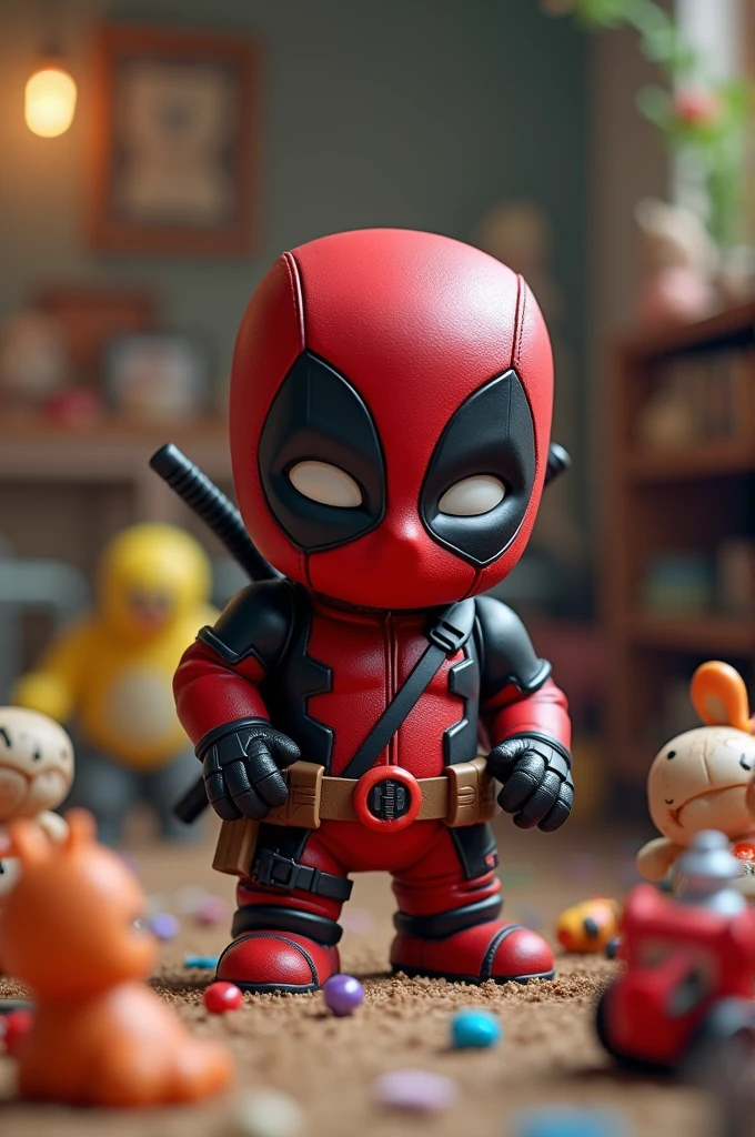 A little Deadpool playing with toys Little Deadpool is surrounded by toys