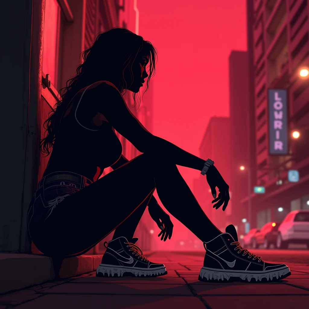 Black shadow of a woman sitting on the sidewalk showing her cartoon style hip hop shoes, Vice City GTA, red street background, (view from below)