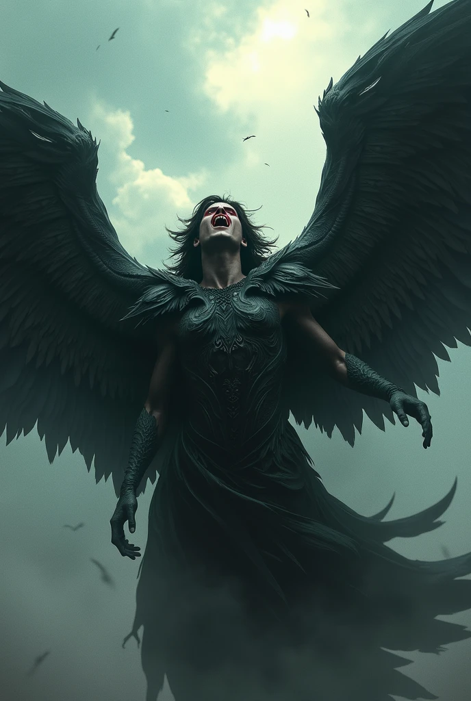 Angel with dark black wings, in sky , bleeding with dark red blood in their eyes , 4k pictures quality , realistic 