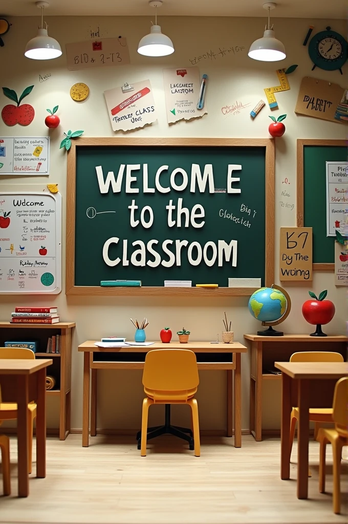 "a art and craft model diy which can be made using papers, cardboard showing A nostalgic classroom-themed selfie point setup. The backdrop features a large whiteboard with hand-drawn doodles, educational charts, and some vintage school supplies like pencils and rulers. Include a classic blackboard with 'Welcome to the Classroom' written on it. Props should include a vintage desk and chair, a stack of books, a globe, and chalkboards. Add decorative elements like school-themed banners, paper cutouts of apples, math equations, and alphabets. Include small touches like a clock showing school time and a classroom bell."
