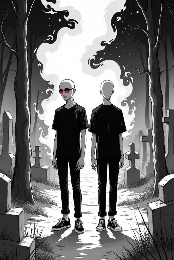 of the highest quality, best quality, 超A high resolution, high resolution, (masterpiece), (Brazilian Manhwa style illustration), (linear art_Anime), (black and white: 1.0), (monotone_highcontrast), mysterious cemetery, enigmatic figure, 2 young man, tall and thin, shaved head, intense red eyes, wearing black from head to toe, pants, short-sleeved shirt, sneakers, dark atmosphere, transformation into smoke, dispersing in the wind, complex background, additional details: 0.6