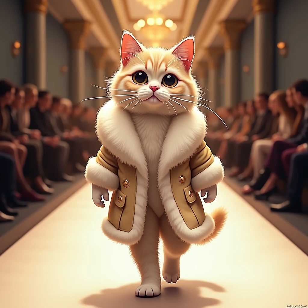 8k, high-quality, full body, (diagonal view), fashion show illustration of a stylish anthropomorphic cat (Persian cat) in a stylish costume. The cat is wearing a Fendi-inspired faux fur long coat in camel with a shawl collar and buttoned front. The runway setting should reflect a high-fashion atmosphere, with the cat confidently strutting down the runway.