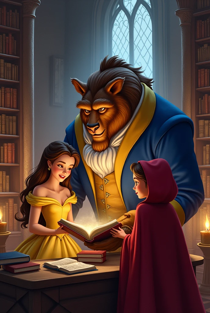 Enquanto isso, Belle was in the castle library reading a book about witches and spells.. Hearing the voices of Little Red Riding Hood and the beast, she joined them and soon became friends with both of them.
Juntas, They decided that they could join forces to break the beast's curse and find Little Red Riding Hood's grandmother..