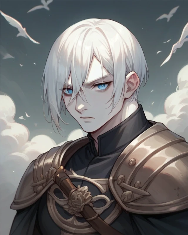 boy,20 year, White hair, blue eyes,albino skin, warrior 