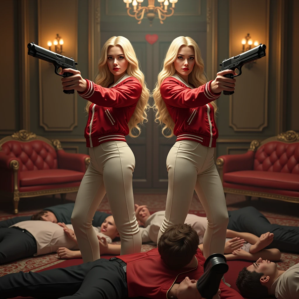 wide depth of field, wide depth of focus, f/11 lens setting, all objects in focus, full color image, 2 women holding pistol, holding a pistol, large fraternity house game room, full body image, (red satin bomber jackets with white trim, white satin pants ), blonde women posing with a pistol, long flowing hair, confidant smile, pure form, intricate details, 8K post-production, high resolution, super detailed, Popular topics on Artstation,, Studio photos, intricate details, Very detailed, she stands in the middle of the room and she is surrounded by a large pile of defeated men laying unconscious with closed eyes on the floor